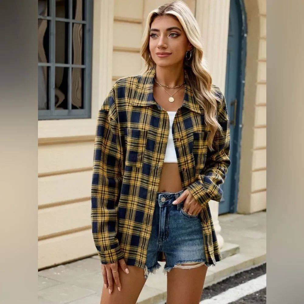 Anthropologie Easel Yellow and Black Plaid Shirt
